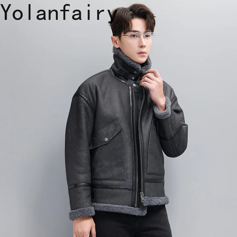 YOLANFAIRY Natural Sheepskin Shearling Coat Men Genuine Leather Jacket Warm Winter Real Lamb Fur Coats and Jackets Outerwear view 3