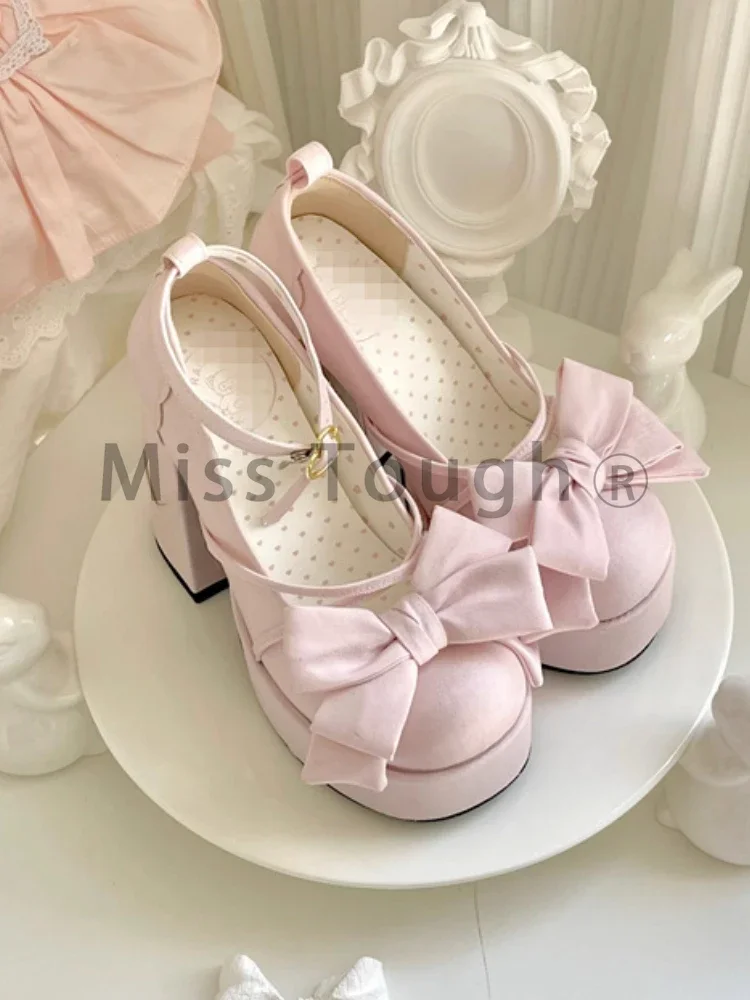 Pink Sweet Lolita Mary Janes Shoes Women Japanese Princess Kawaii High Heels Shoes Female Bow French Vintage Platform Shoes 2024