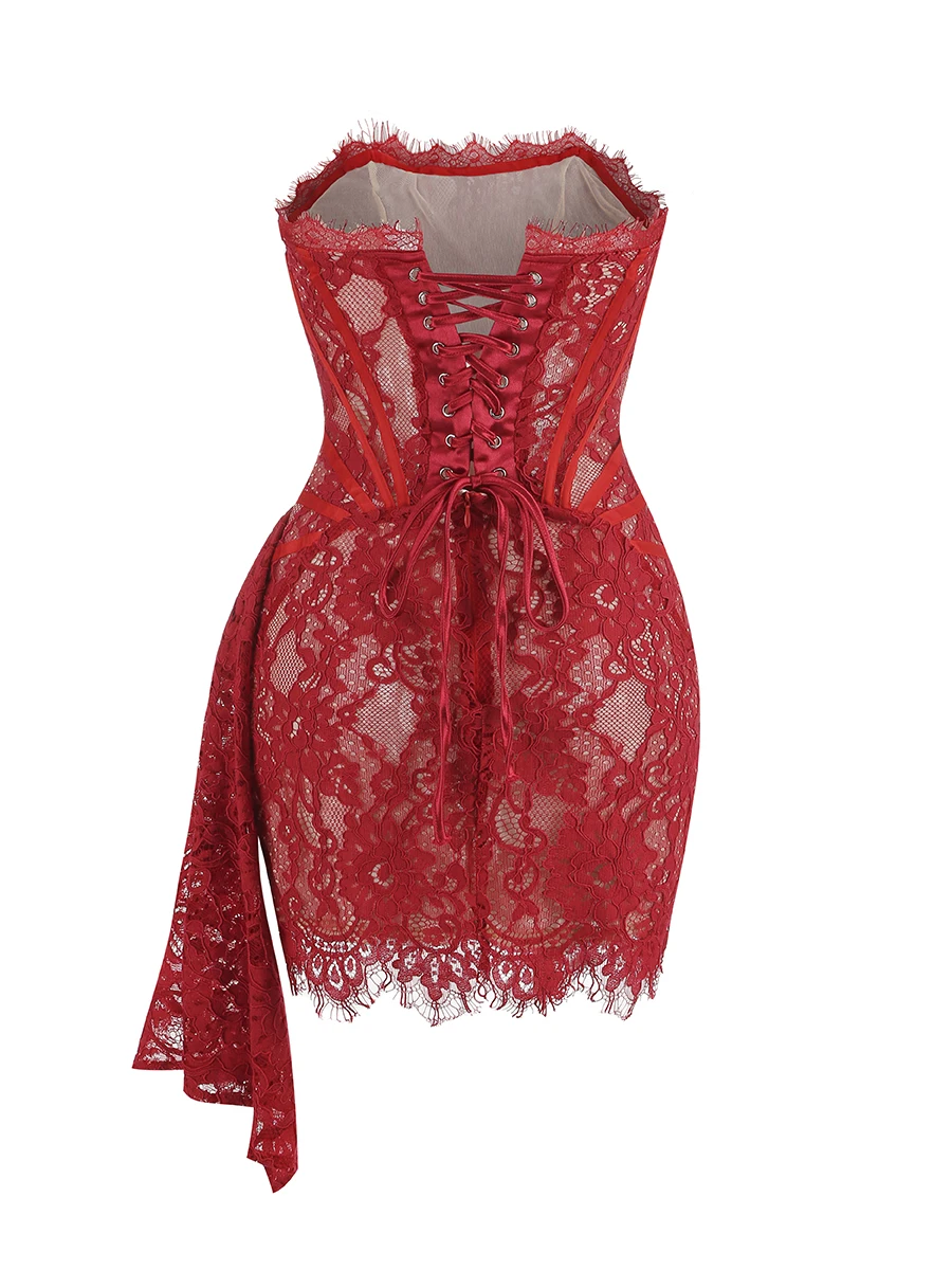 VC Christmas Dress For Women Red Lace Sexy Strapless Sleeveless Slim Supper Short Dress With Lace-Up