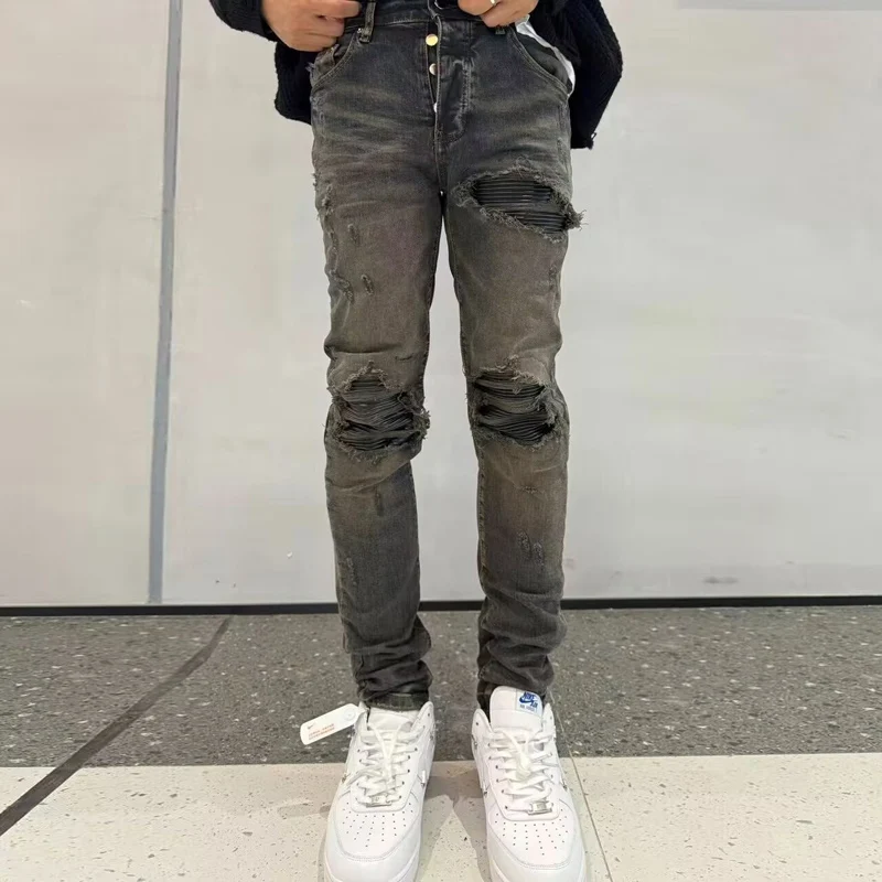 High-Quality Slim Fit Men's Jeans Ripped Patches Washed Water Nostalgic Elasticity Deep Scratched Hombre New