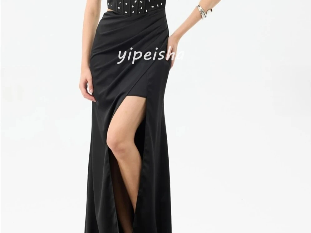 Customized Formal Women Jersey Rhinestone Ruched A-Line Evening Dress Classic Spaghetti Strap Sleeveless Floor Lenght Party Gown
