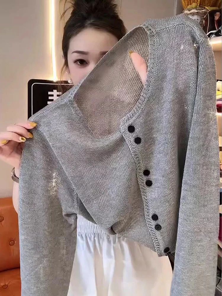 

Lazy style versatile gray round neck knitted sweater 2025 autumn new temperament casual style loose long sleeved top