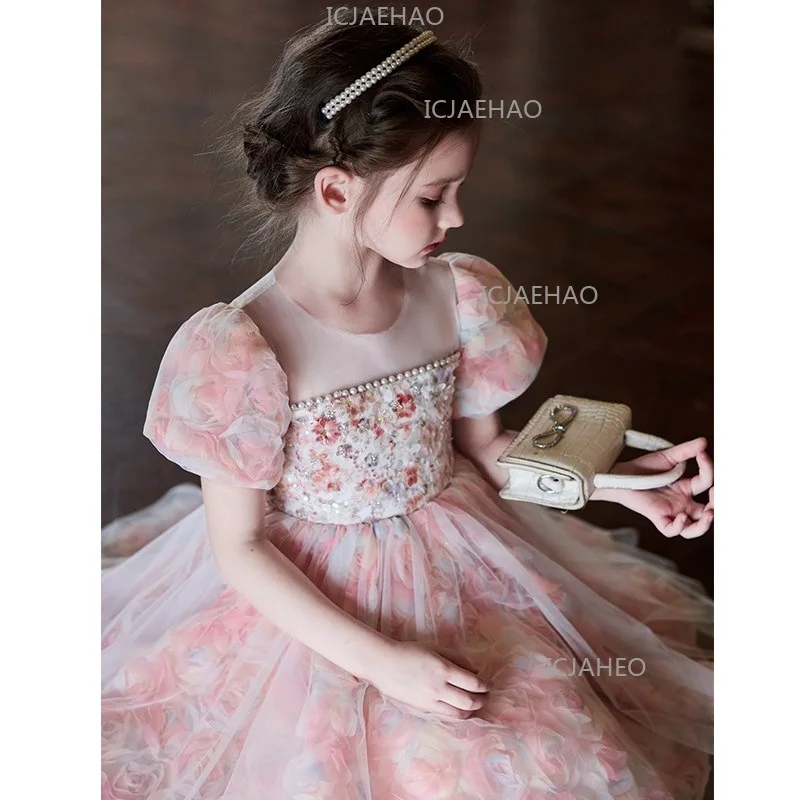 Style Pink Floral Birthday Princess Dress Stylish Formal Gown 2026 New Summer Arrival CostumeGirls Dress Little Girls Forest