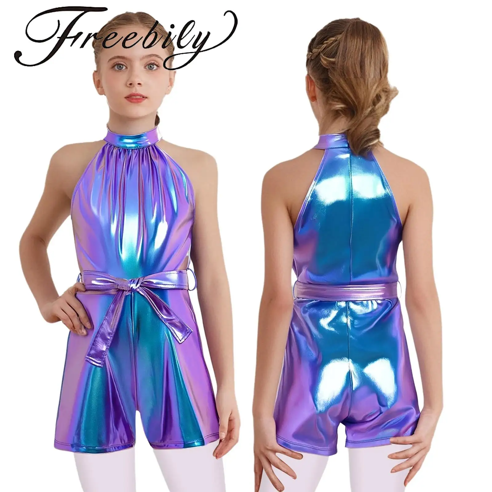 

Kids Girls Metallic Jumpsuits Halter Sleeveless Back Invisible Zipper Shiny Rompers with Belt for Birthday Party Photography