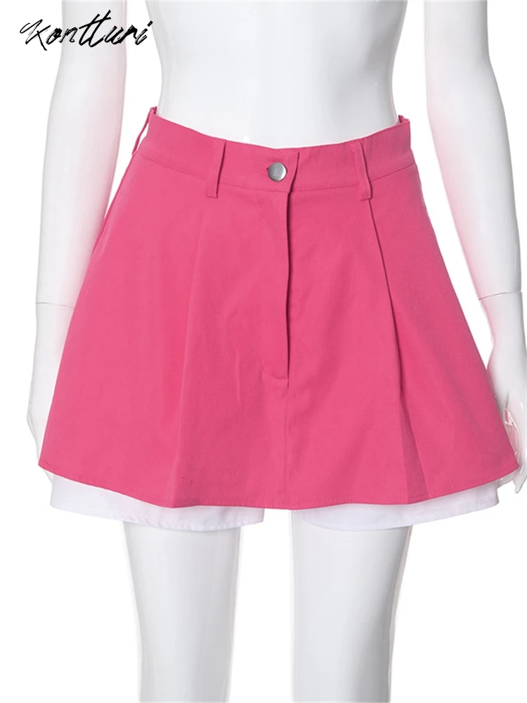 Kontturi Summer Casual Patchwork Skirts For Woman 2024 Fashion High Waist Skirts Pink Pleated Mini Skirt Female