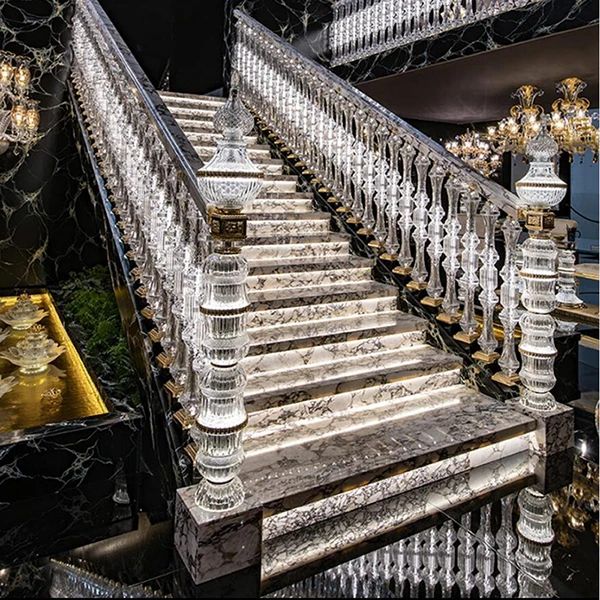 New Design Crystal Glass Stair Balustrade Glass Stair Pillar Villa And Hotel Decorative Glass Balustrade With Alloy Base