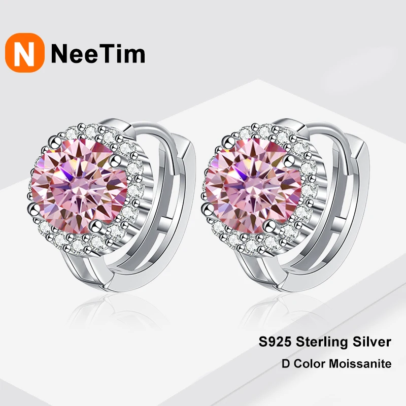 NeeTim 0.5ct 1ct Pink Moissanite Earrings Women S925 Silver Sparkling Black Blue Green Grey Rainbow Wedding Studs Earring