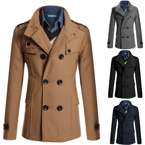 Mężczyźni Slim Fit Trench Full Sleeve Double Breasted Long Coats Splice Turn Down Collar Solid Jacket Casual Male Autumn 2024