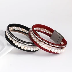 ALLYES Natural Fresh Water Pearl Beads Genuine Leather Bracelets for Women Fashion Simple Wrap Bracelet Bangle Female Jewelry