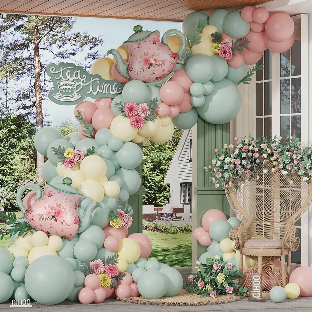 112Pcs Spring Tea Party Decorations Dusty Green Pink Yellow Balloon Garland Kit Teapot Foil Ballon Baby Shower Birthday Supplies