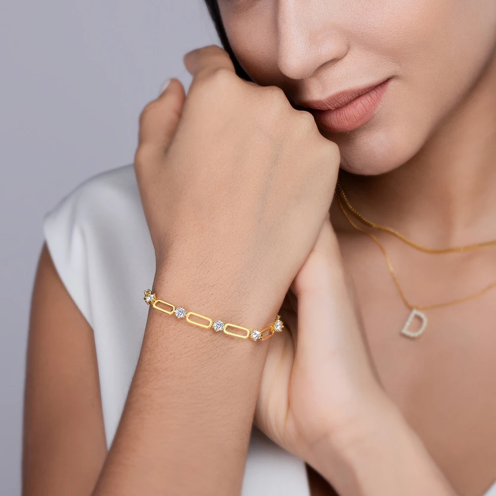 Sweetrain 4mm Moissanite Bracelet For Women 18K Gold Plated 925 Silver D Color Lab Created Diamond Bracelet Anniversary Gift