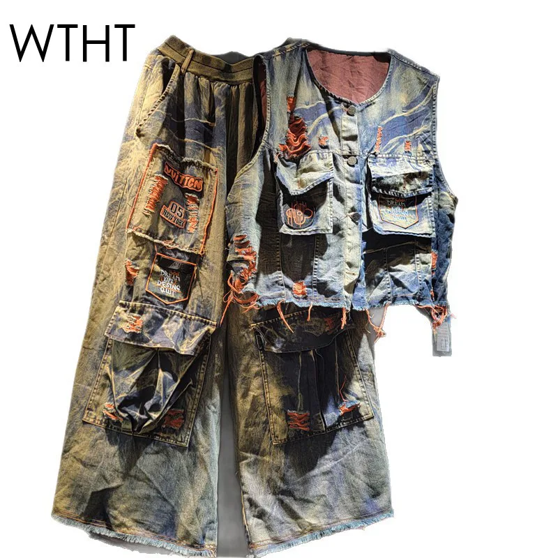 

WTHT винтажный модный женский стираемый лоскутный джинсовый жилет с отверстиями и эластичной резинкой на талии, прямые джинсы, женские, осень 2021, 1LS2281