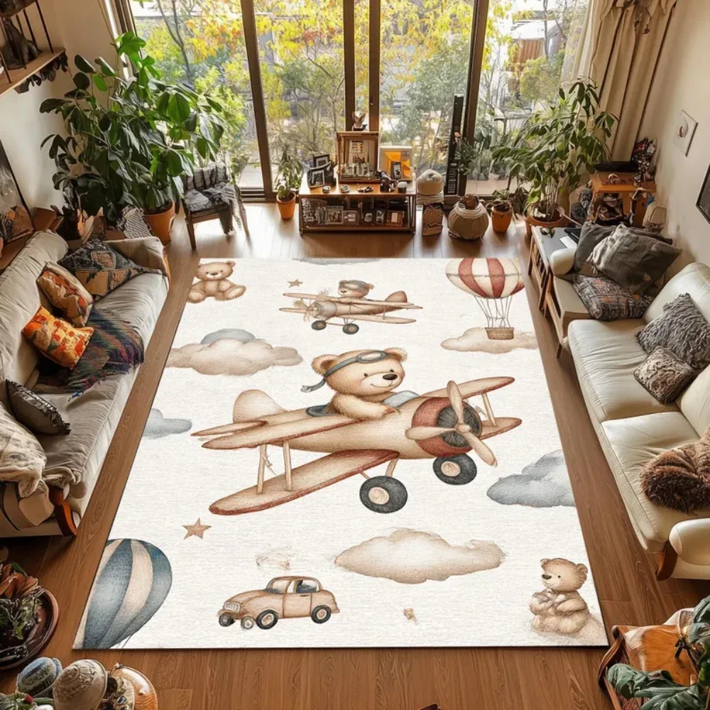 Cartoon Bear Airplane Patterned Kid's Carpet Hot Air Balloon Kids Mat Girls Boy Gift NonSlip Activity Rug Kids Rug Brown Mats