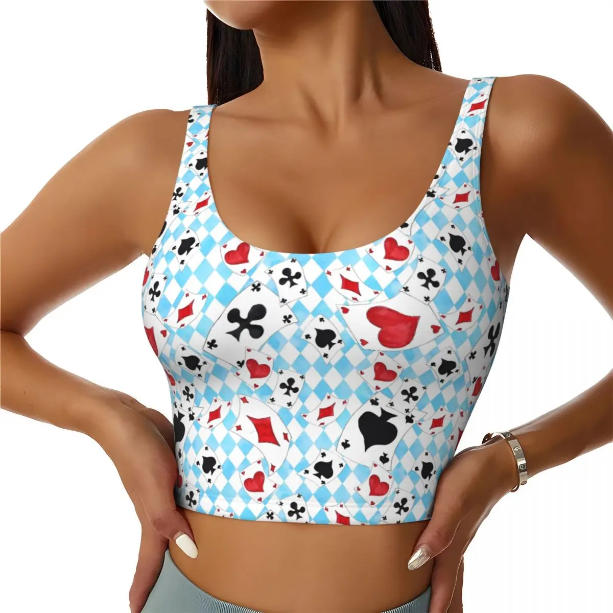 

Custom Alice In Wonderland Playing Cards Cartoon Sports Bra Women's Movie High Impact Workout Yoga Crop Top
