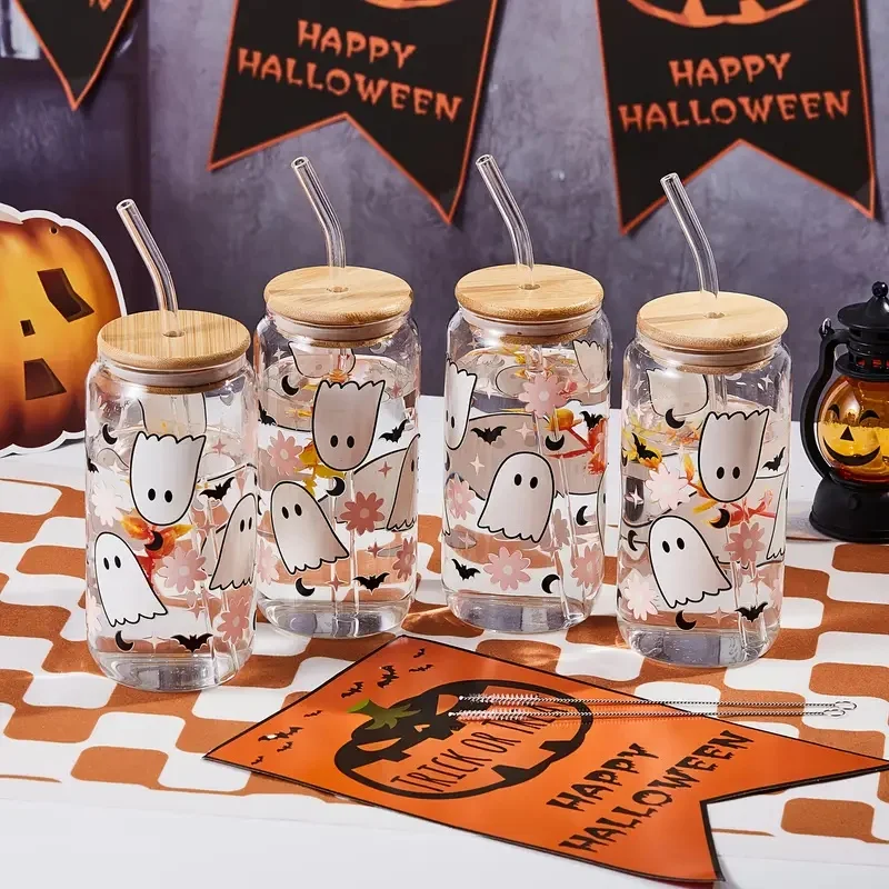Halloween Drinking Cup with Lid and Straw 18.7oz/550ml Canned Glass Cup Cute Kawaii Coffee Cup Juice Water Cup Milk