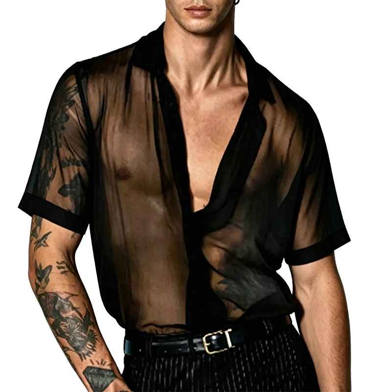 Men's See‑Through Mesh Short Sleeve Shirt Turn-down Collar Sheer Club Party Performance Costume Sexy Nightclub Stage Wear Blouse