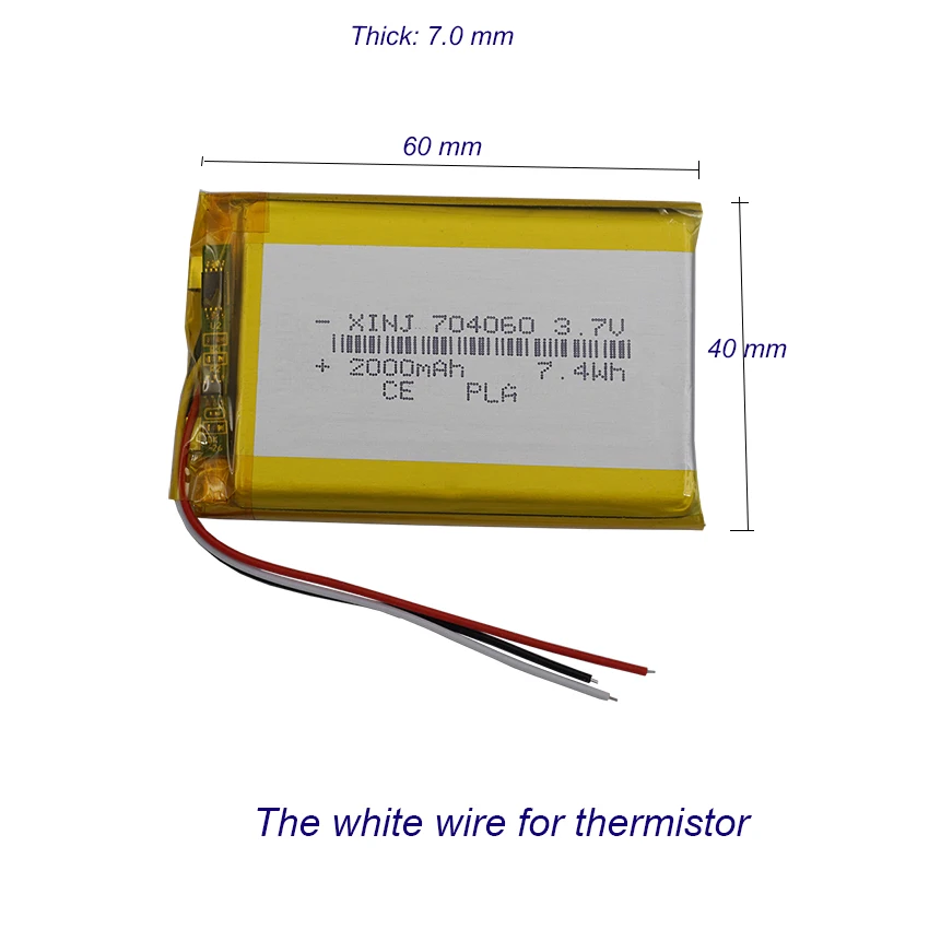 3.7V 2000mAh 7.4Wh NTC Thermistor 3-Wires Rechargeable Li Lithium Battery 704060 Lipo For Car Camera Speaker GPS Dashcam LED