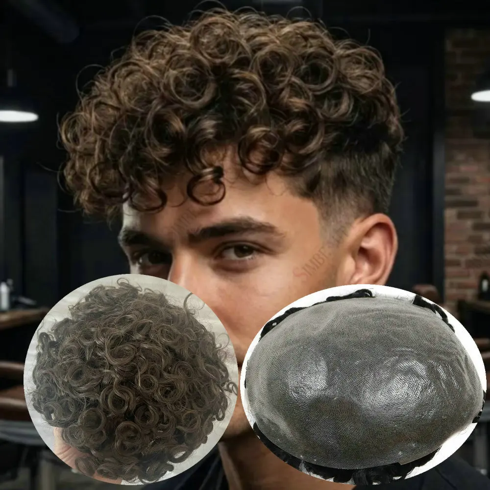 26mm Curly Men's Toupee Human Hair Natural Hairline 0.06MM Thin SKIN Vloop Man Wigs Brown Blonde Male Hair Prosthesis Capillary