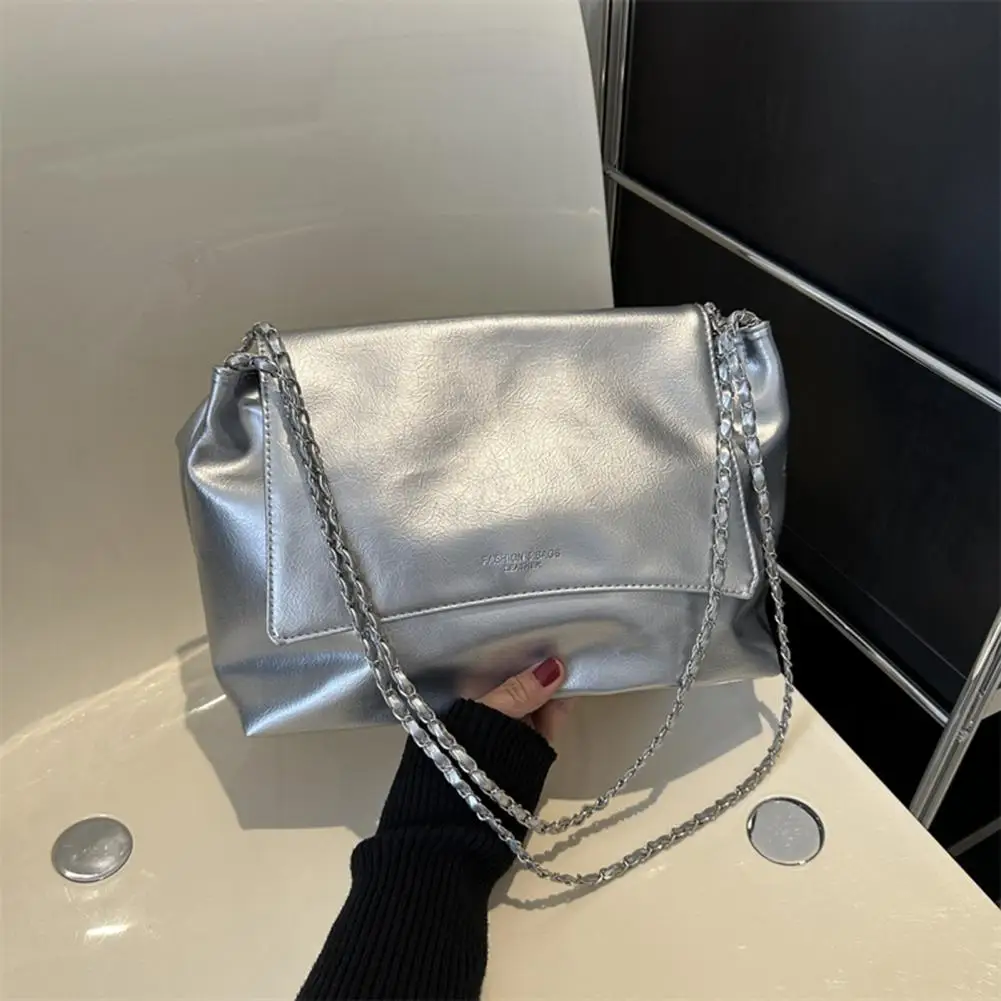 Bright Surface Purse Women Shoulder Bag Faux Leather Capacity Handbag with Chain Braided Strap Magnetic Buckle for Commute