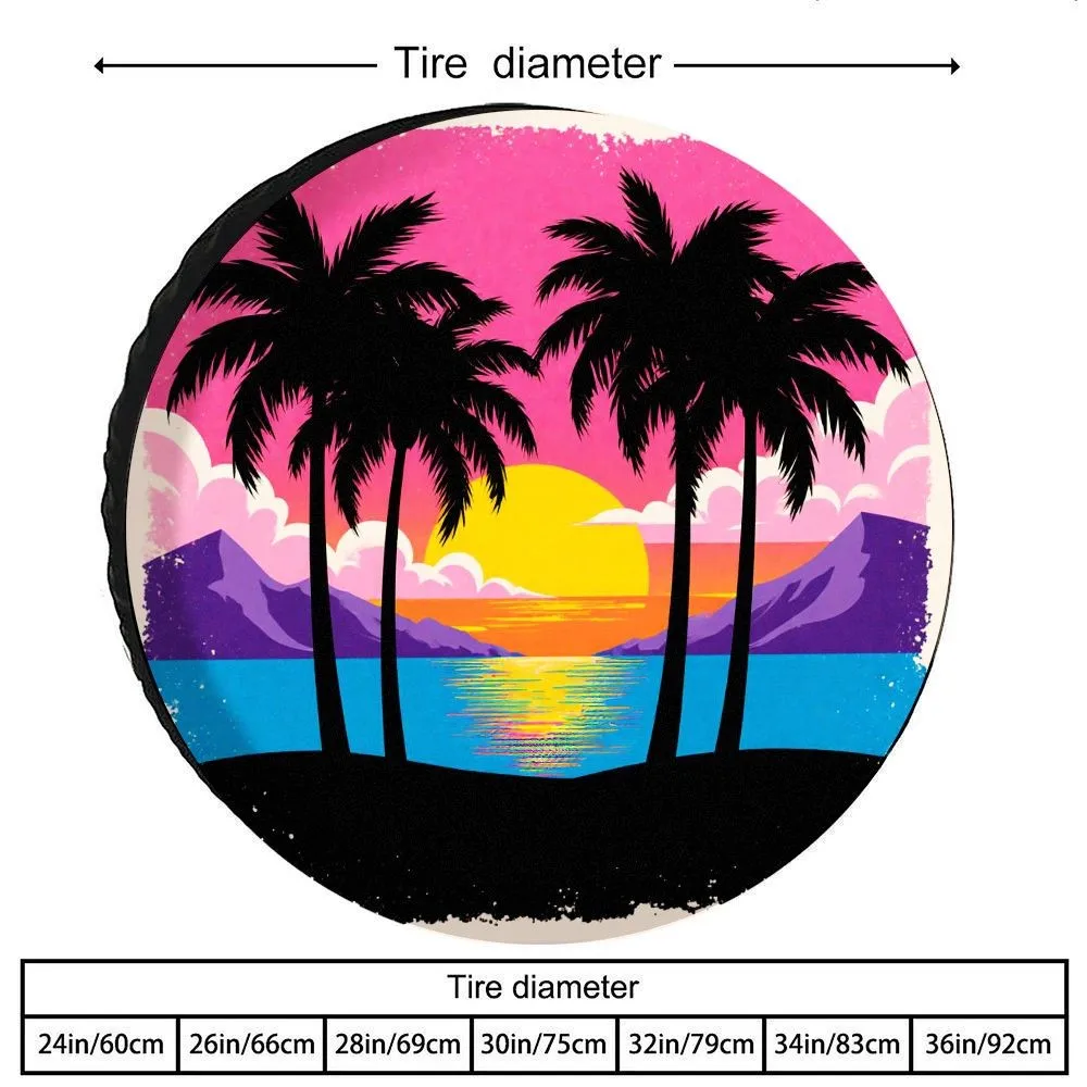 

Retro Sunset Palm Tree Tire Cover 80s 90s Aesthetic Spare Wheel Protector for SUV Truck