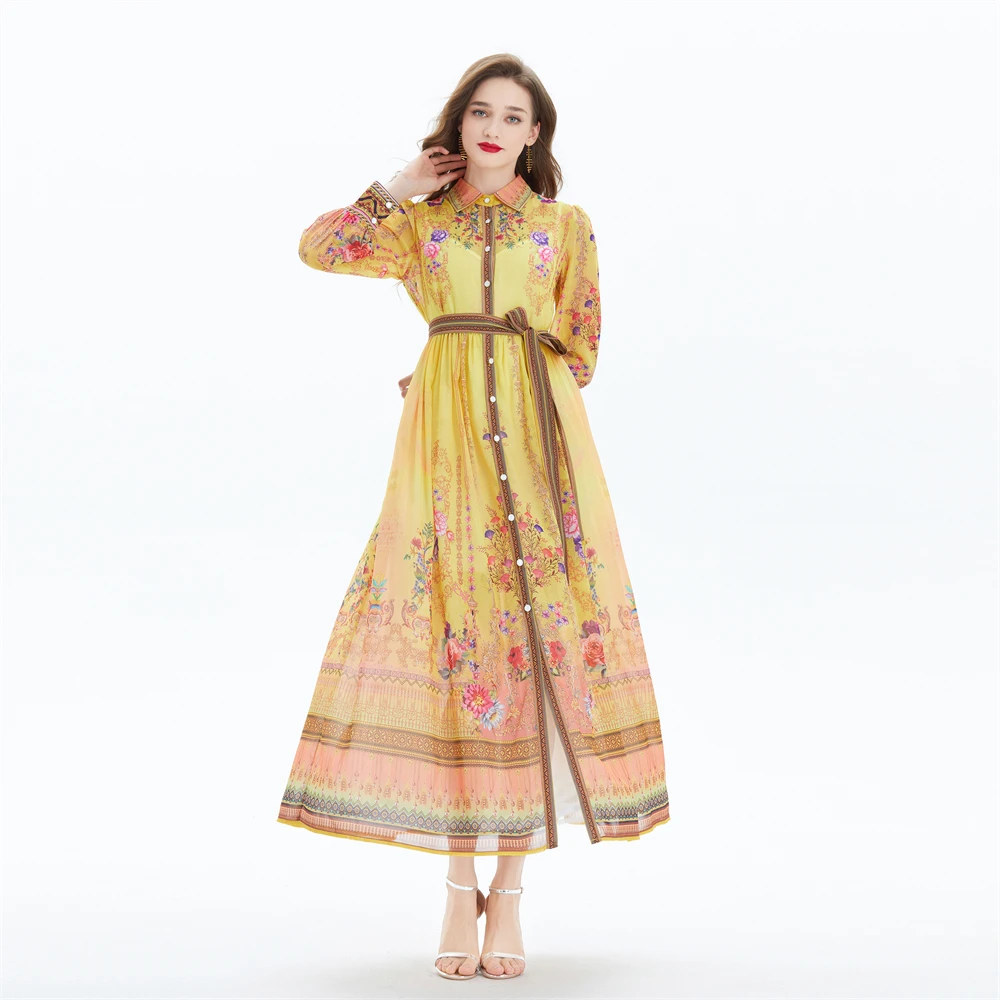 Original Design 2024 Court Sle Long Sve Midi Dr Two Piece Set Printed Chiffon Waist Cinched Maxi Skirt  Knot