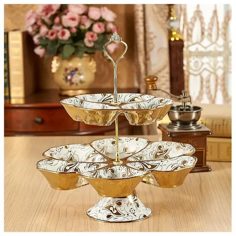 Ceramic Gold Cake Plate 2 Layer Ceramic Plate Set Dessert Plate with Stand