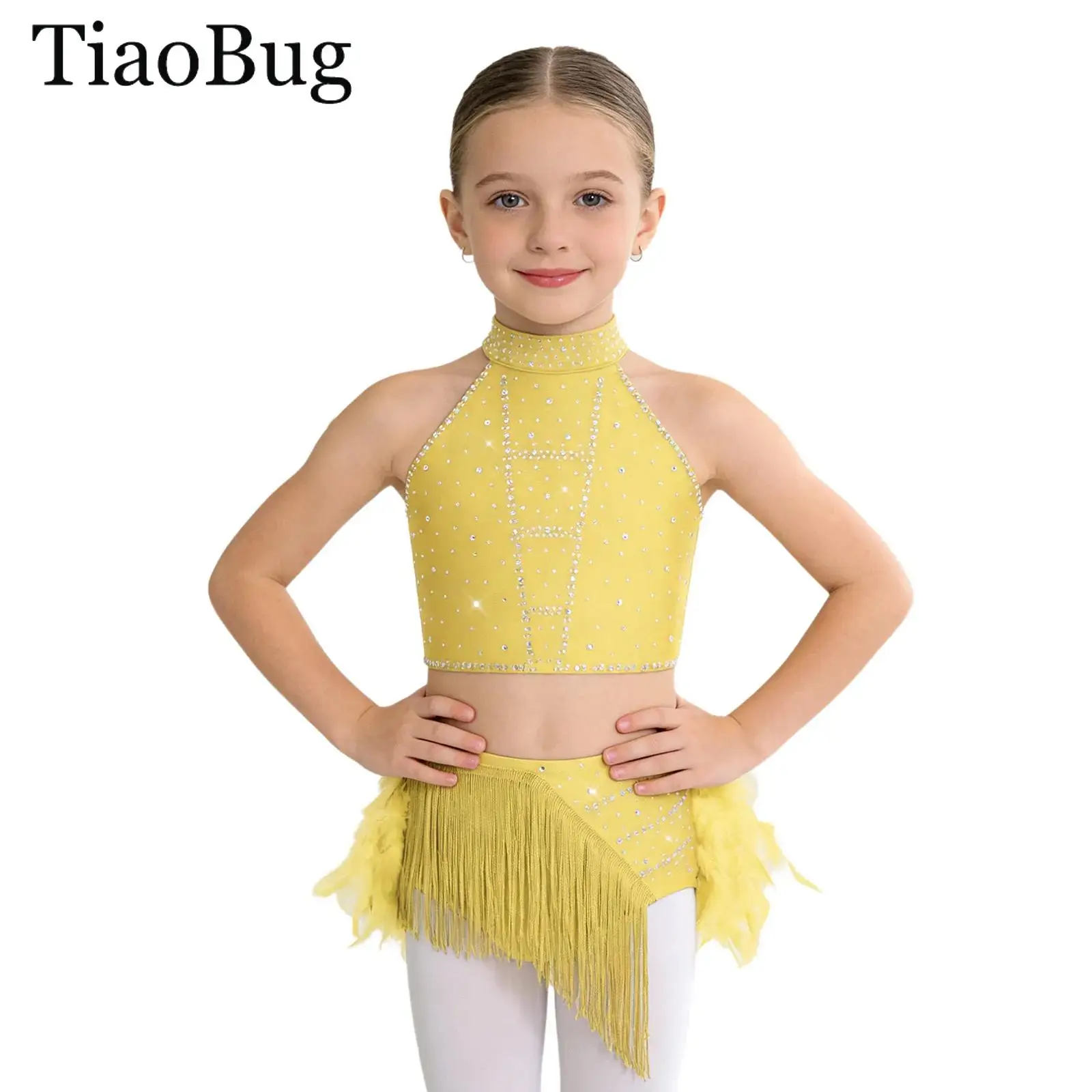 

Kids Girls Latin Dance Costume Halter Sleeveless Strappy Back Crop Top with Tassels Feather Skirt Cha-Cha Samba Ballroom Outfit