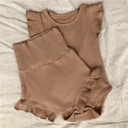 Conjunto de monos de madera con borde de oreja para bebé, vestido envolvente, sin mangas, cuello redondo, ropa de gateo, ropa de verano para niños