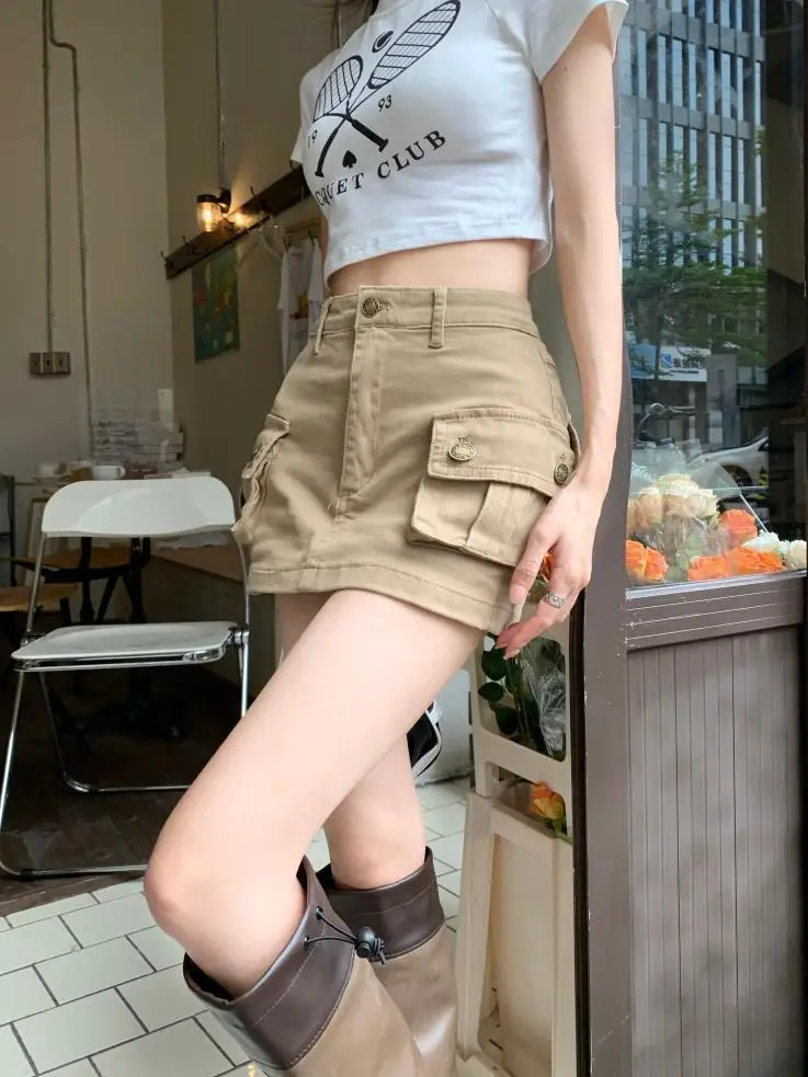 Mini Cargo Skirts Women Summer New High Waist A-line Sexy Khaki Skirt Hot Sale Harajuku Retro Pockets Skirts Streetwear