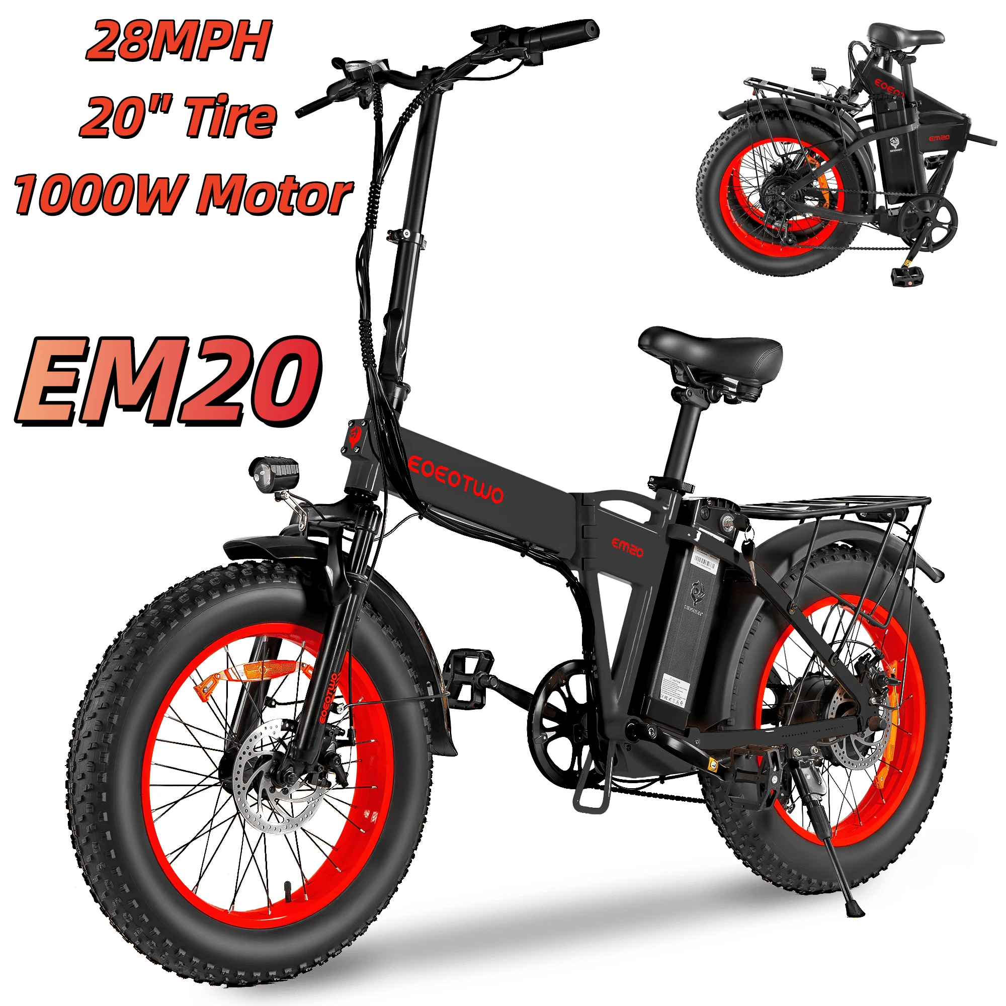 

EOEOTWO EM20 Folding Electric Bike 1000W,48V Removable Battery E-Bike,28MPH,60Mile Range,20" Fat Tire Electric Bicycle for Adult