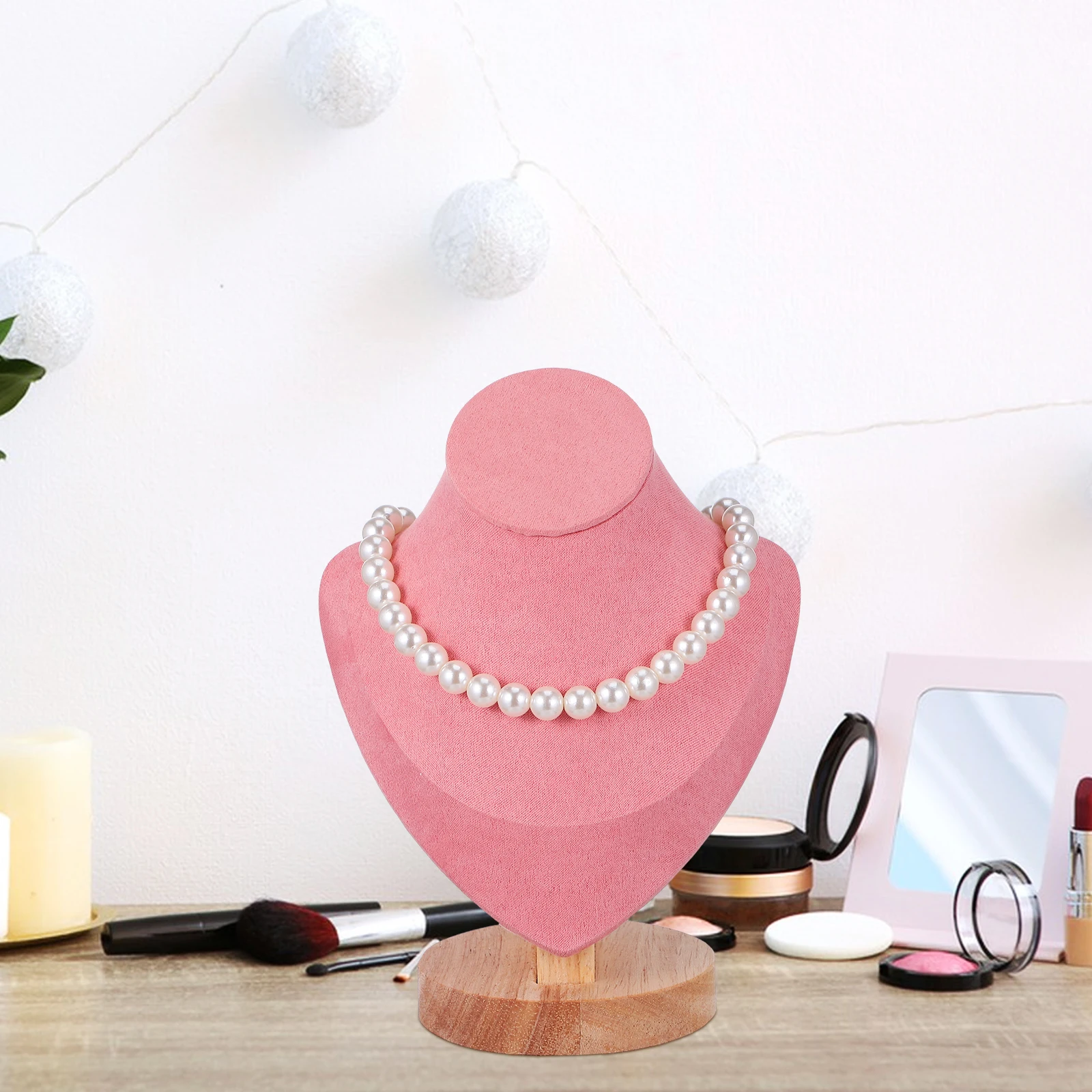 

Stylish Pink Jewelry Display Stand Mannequin Head Bust Necklace Holder Pendant Organizer Wood Fabric Necklace Chains Easel