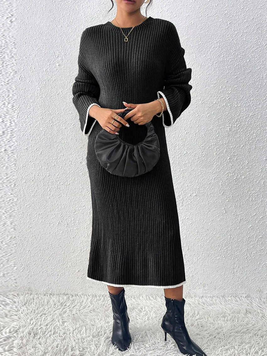 

Parc Fee Winter Loose Black Women's Sweater Dress 2025 Casual O-Neck Long Sleeve Midi Dresses Elegant Classic Solid Female Dress