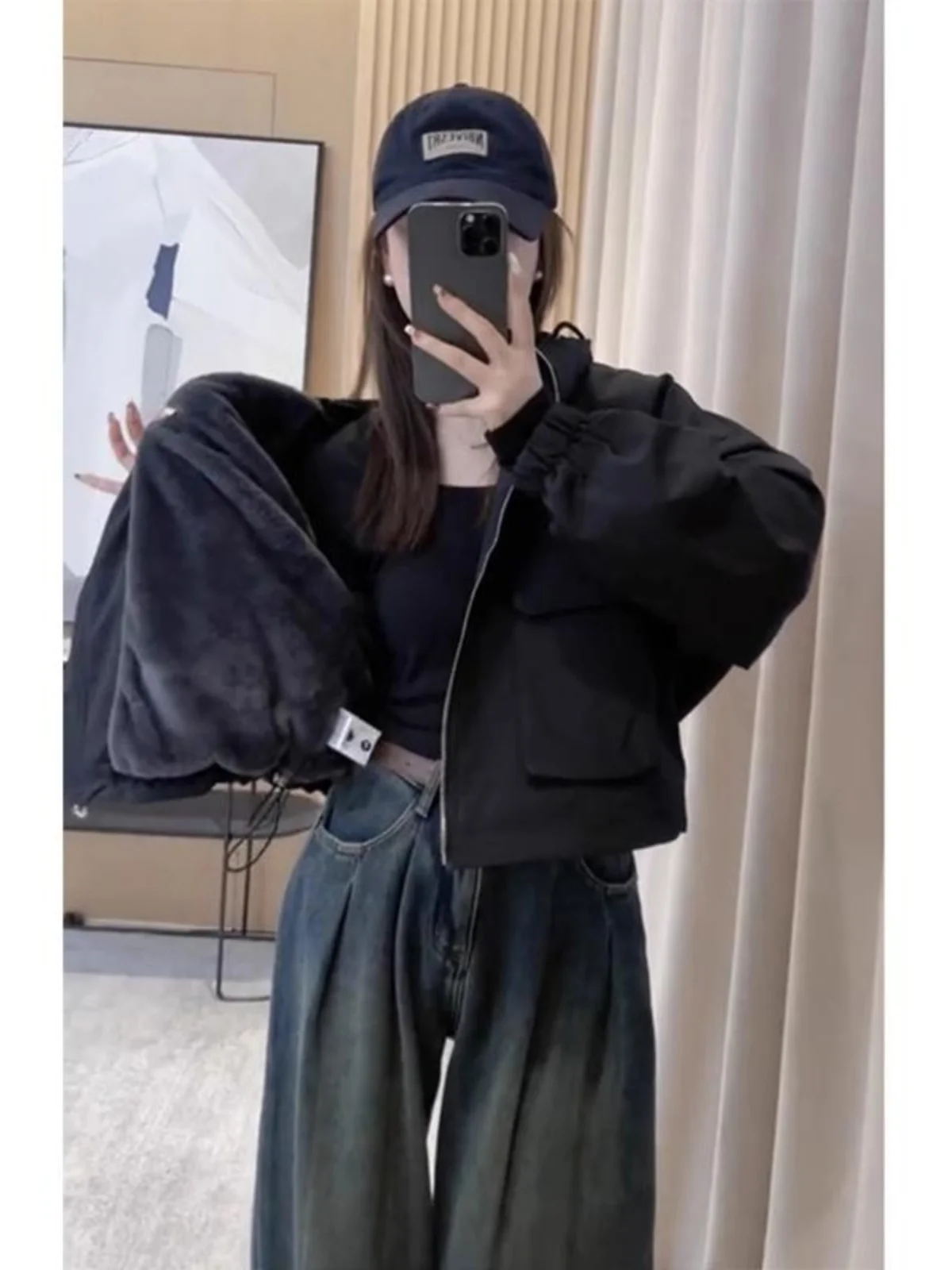 

Корейский Sle Fce Lined Thiened, повседневная бейсбольная куртка, женская зимняя верхняя одежда, цветная застежка-молния