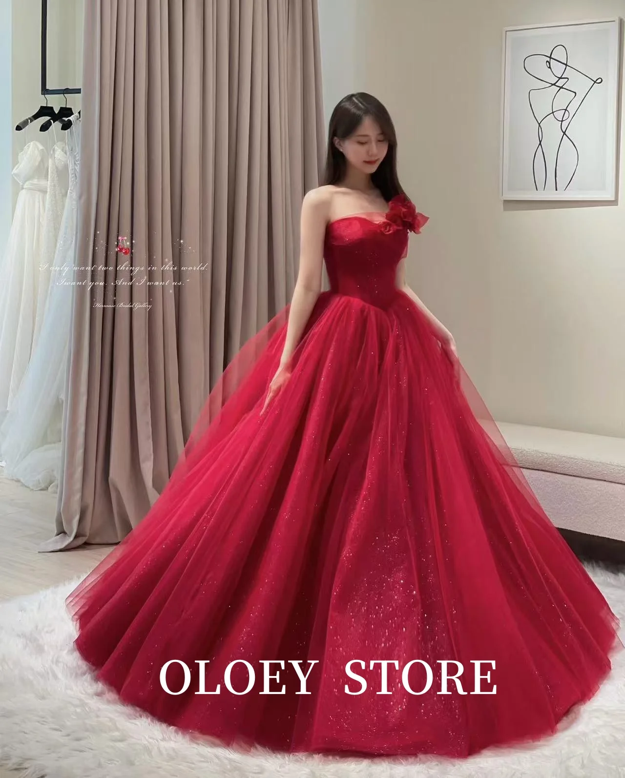 OLOEY-vestidos de fiesta de noche de tul rojo oscuro con purpurina, sesión de fotos de boda de Corea, vestidos formales de princesa abombados de tul personalizados