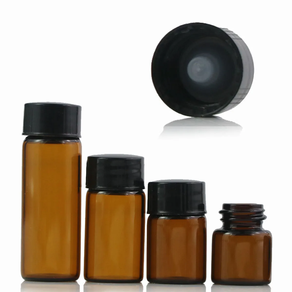 10X 30x 50x 1/2/3/5ML Mini flacon en verre ambré avec bouchons coniques à vis, bouchons coniques à insert, bouchons Polycone