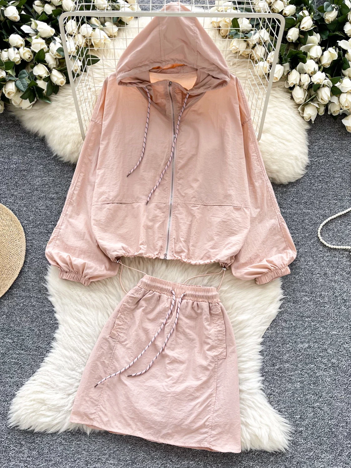 

Faionable Summer Outfit Women's Loose Long Sve Sun Protection Suit High Waist A-Line Skirt Dstring Hoodie Jaet