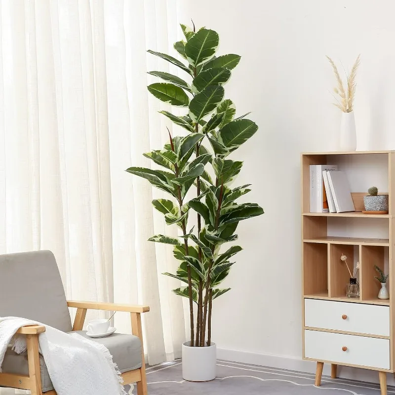 

Artificial Rubber Tree Plant Tall Faux Ficus Tree Potted Fake Tropical Plants