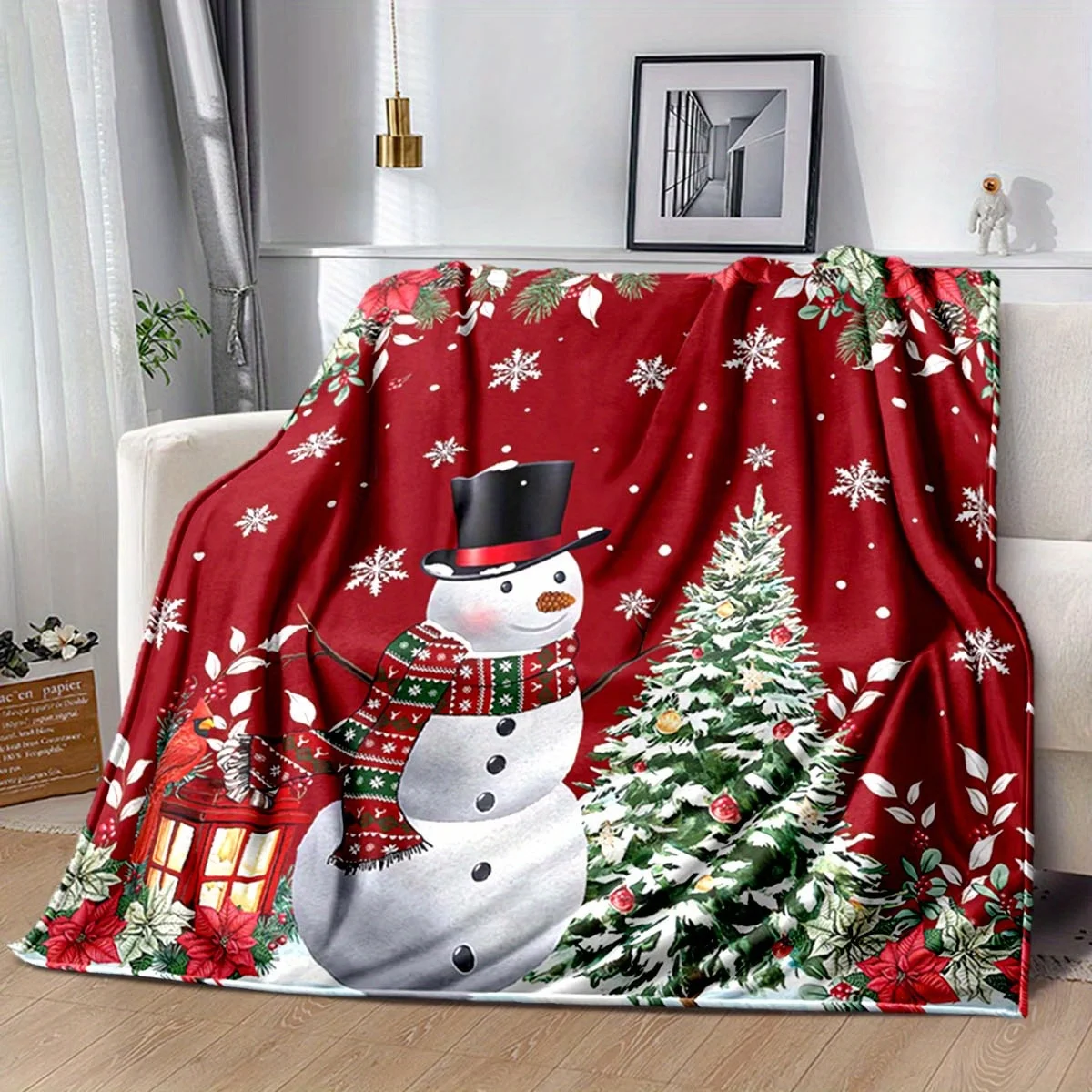 Soft Cozy and Warm Christmas-themed Flannel Blanket - Snowman and Christmas Tree Design, Large Red Multi-Purpose Throw