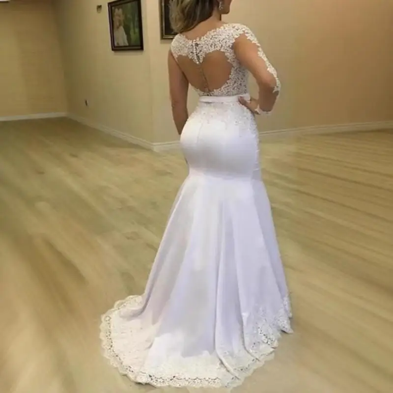 Franse trouwjurk met lange mouwen V-hals kanten mouwen Bruidsrugloze welkomstjurk Kleine sleepjurk op maat