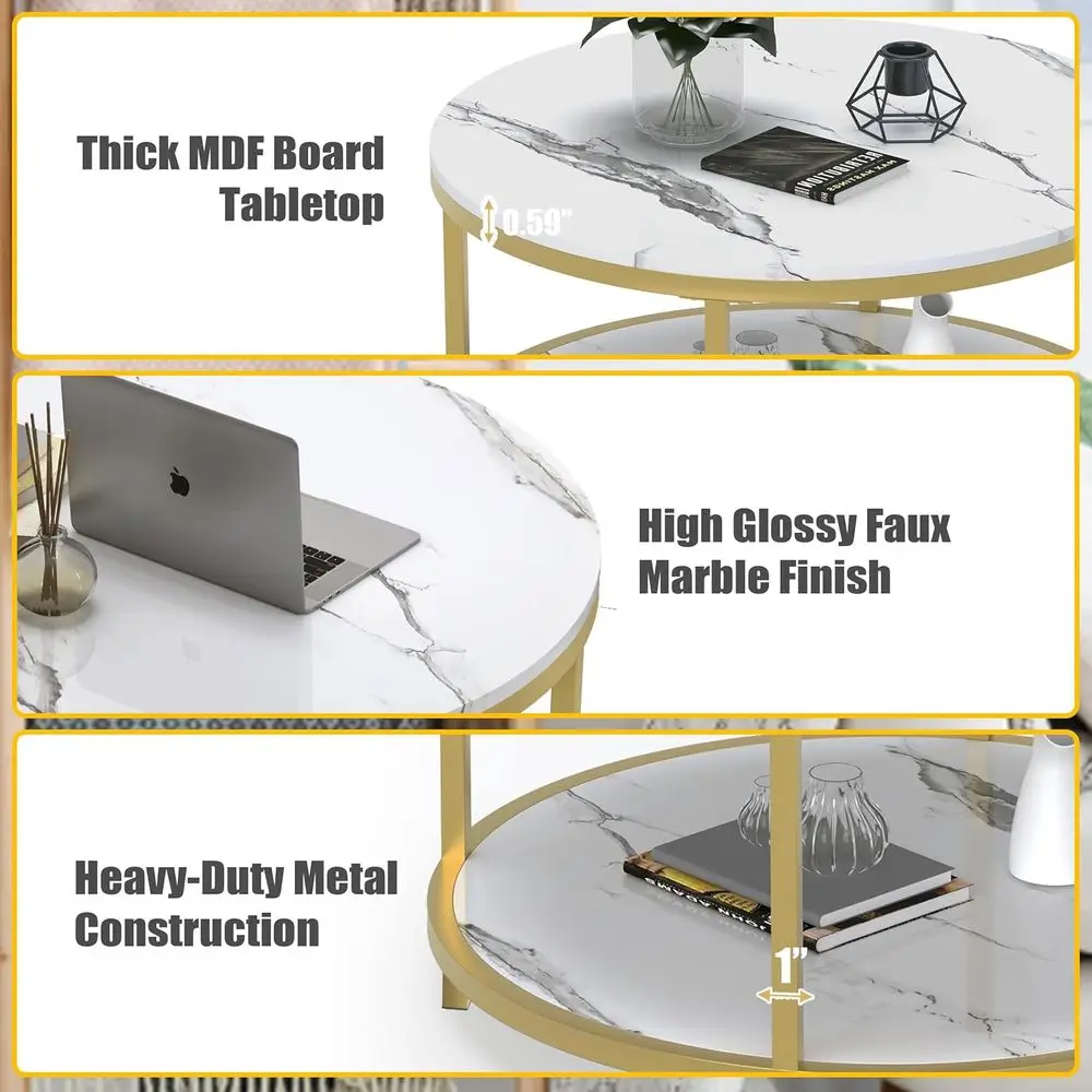 طاولة قهوة مستديرة حديثة من الرخام الأبيض مع إطار معدني ذهبي ورف تخزين لغرفة المعيشة