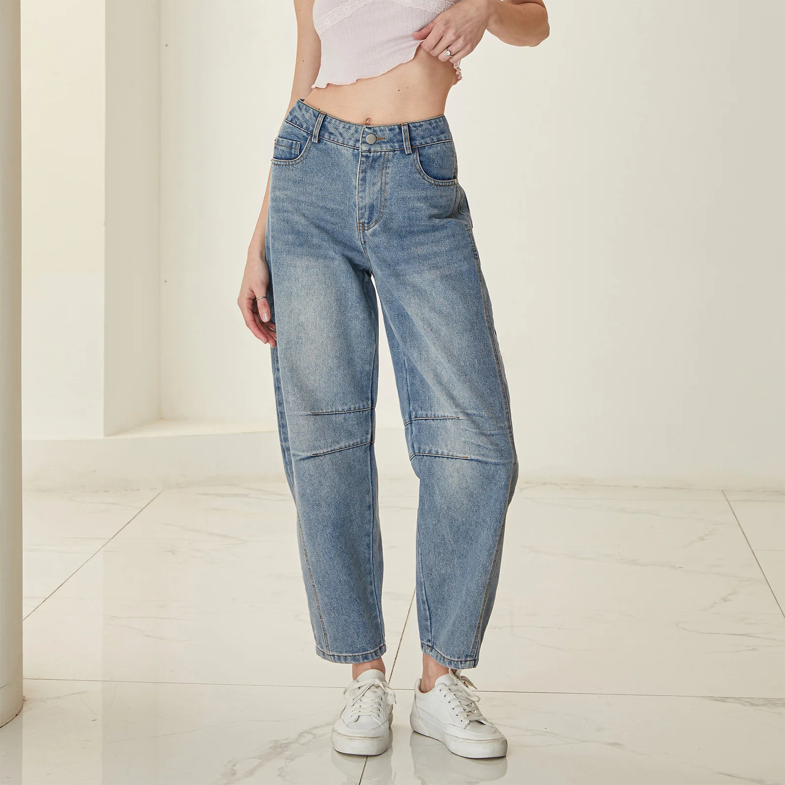 Damen Baggy Mid Rise Jeans Weites Bein Lose Boyfriend Denim Harem Cropped Pants Y2k Baggy Vintage Barrel Jeans