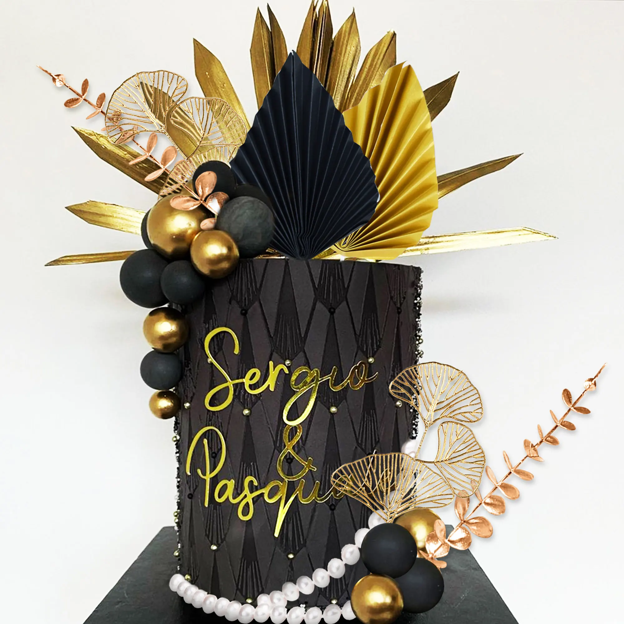 LaVenty Schwarzgoldene Kugeln, Tortenaufsatz, goldene Blätter, Kuchendekoration, Abschlussball, Kuchendekoration, brüllende 20er-Jahre-Kuchendekoration – Detail 6