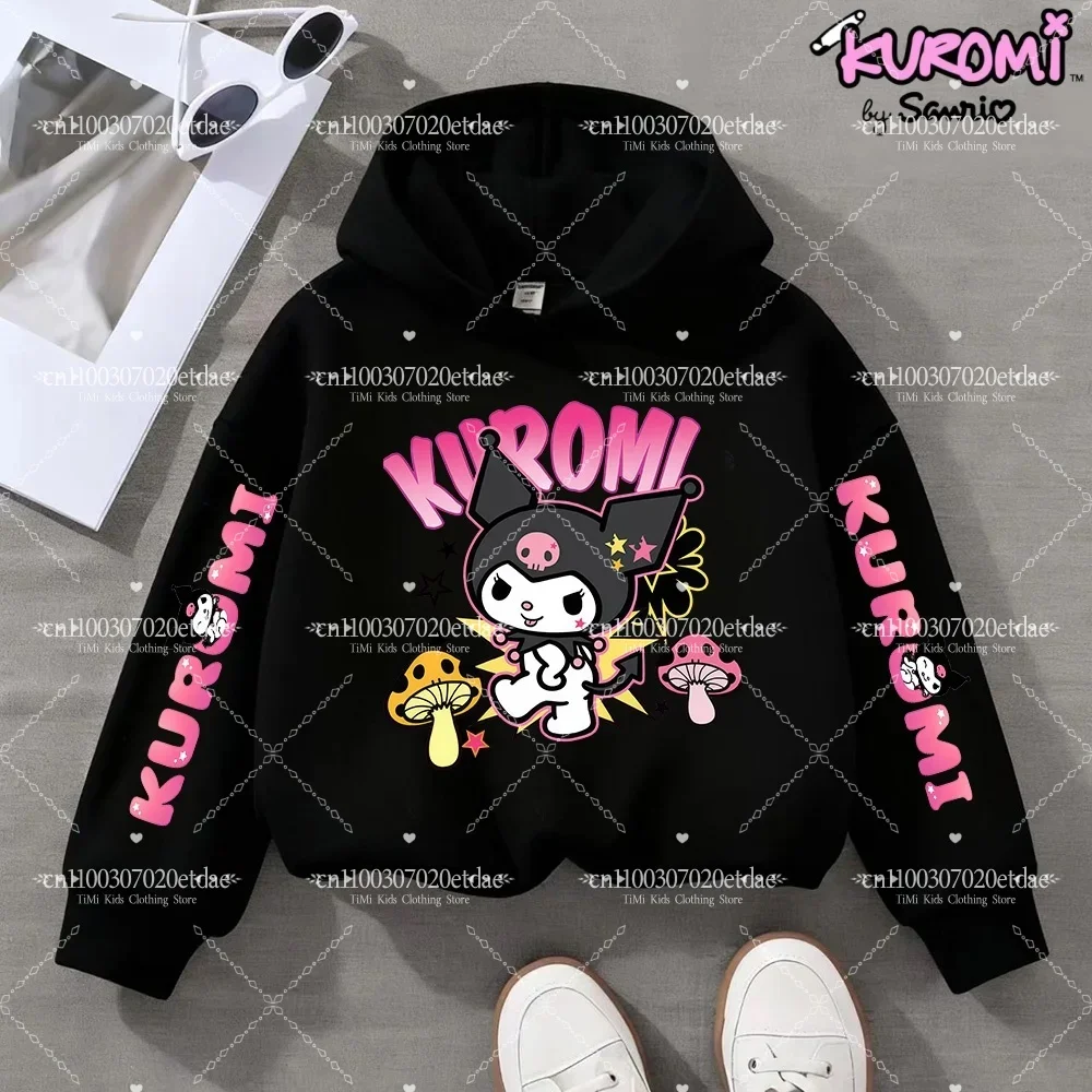 الفتيات الكرتون لطيف سانريو كورومي مطبوعة بأكمام طويلة بلوزات الاطفال المراهقين الخريف والشتاء موضة الدافئة الصوف مقنعين البلوز