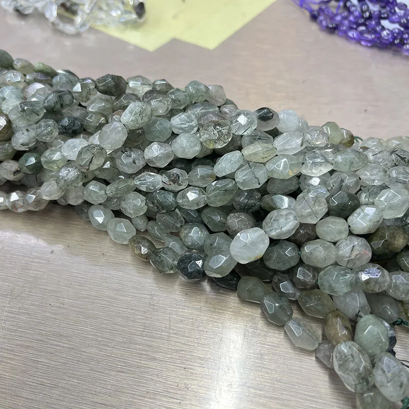 Natural Crystal Green Hair Crystal Cut Angle Loose Beads Football Surface Cut Hand Chain Semi-Finished Jewelry Necklace Gift15“