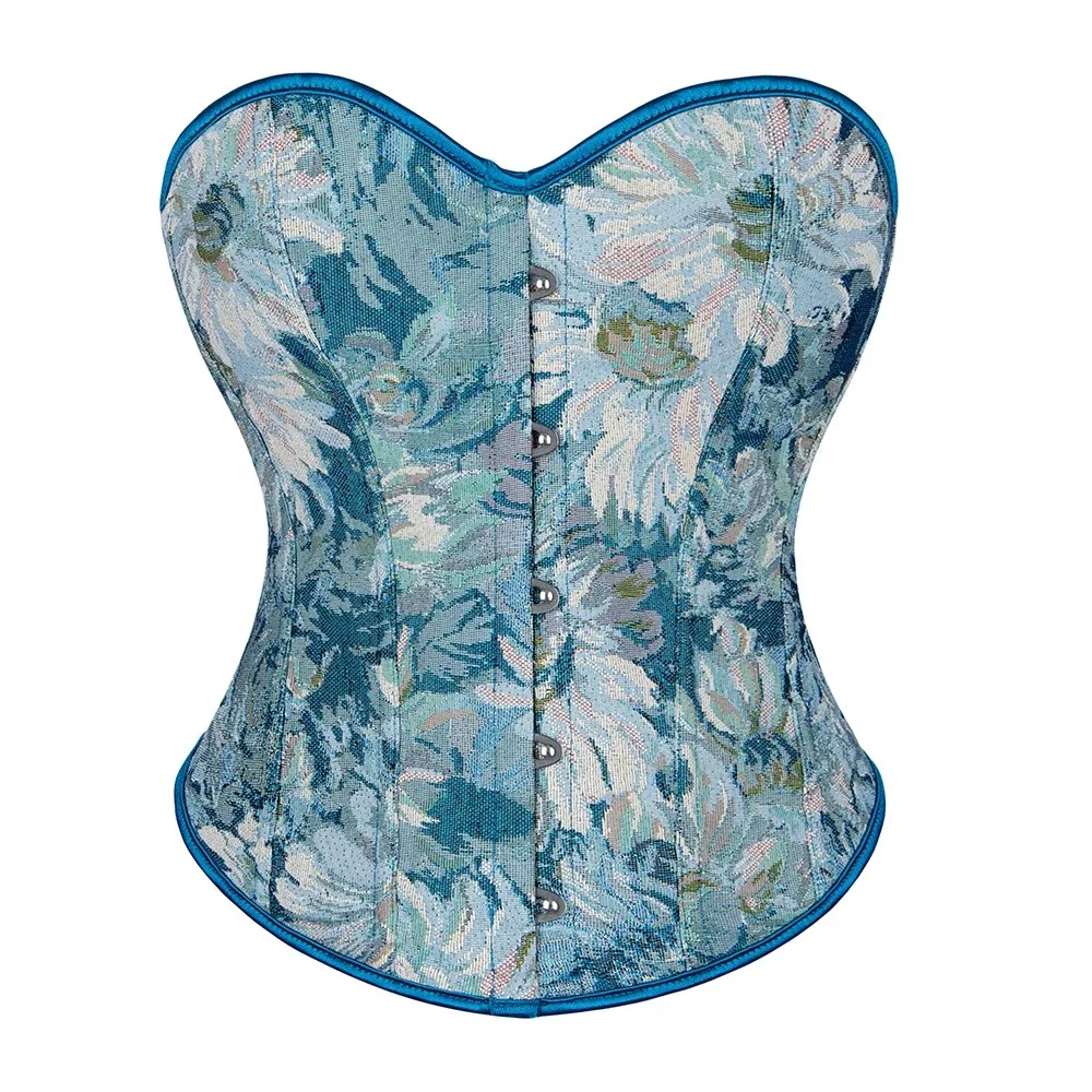 Blue Corset Top Plus Size Women Bustier Overbust Sexy Lace up Floral Lingerie Vintage Victorian Fashion Brown