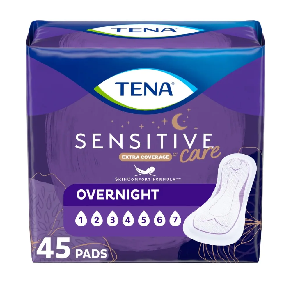 

Tena Sensitive Care Дополнительное покрытие Подушечки для недержания ночей для женщин, 45 шт.
