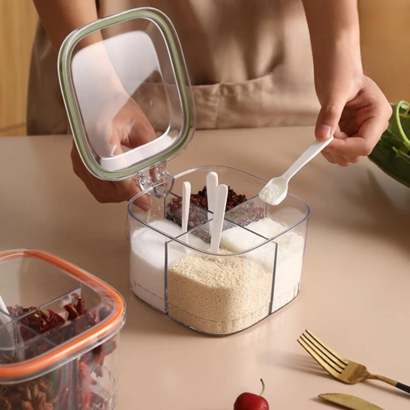 4 Grids Salt Seasoning Box Transparent Lid Seasoning Jar Kitchen Household Condiments Storage Container Kitchen Gadgets