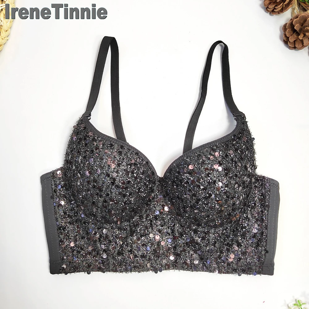 IRENE TINNIE Women Short Deep V-neck Sexy Sequins Cropped Top Night Club Party T2K Corset Crop Top Out Push Up Bustier Bra