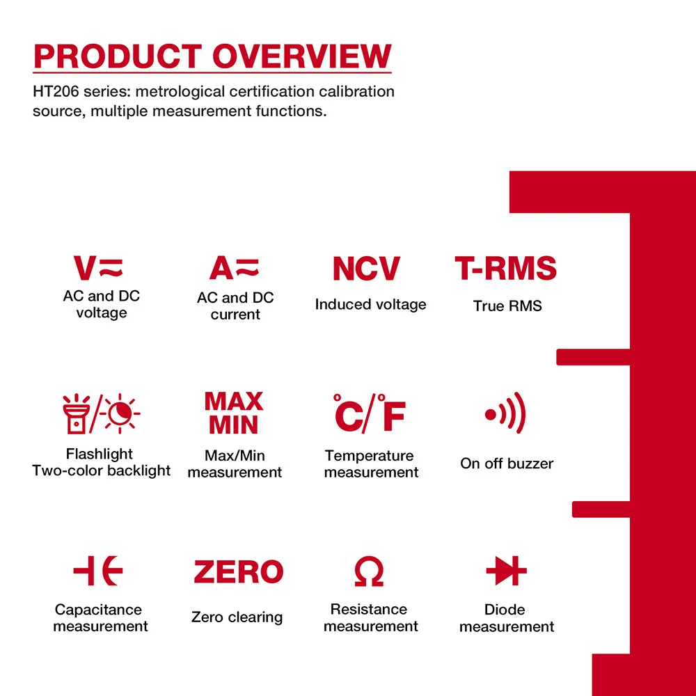 Medidor de pinza Digital serie HT206, valores eficaces verdaderos, 6000 recuentos, CA, CC, NCV, 600V, voltímetro Hz, resistencia, capacitancia, prueba de continuidad de trabajo