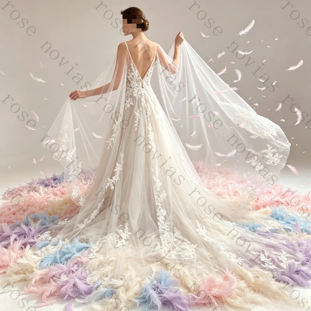 Customized Flowing Thin Shoulder Lace Wedding Dresses 2026 Romantic V-neck Backless A-line Bridal Gown Detachable Shawl Style